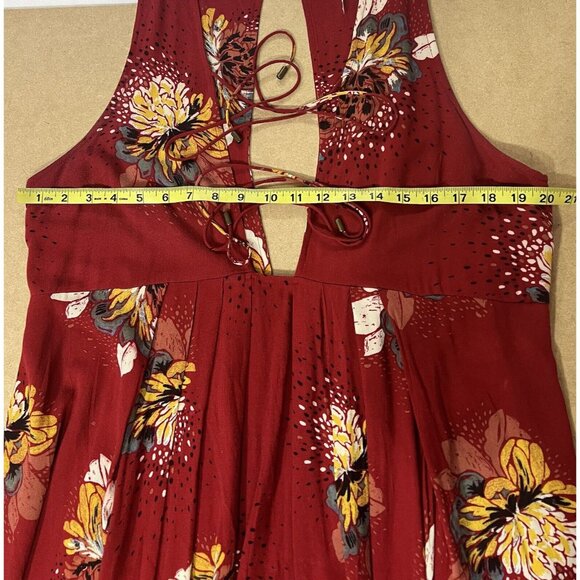 Free People Small Women LOVELY DAY Tunic  Red Floral Boho Mini Dress Tie Up - Picture 8 of 10